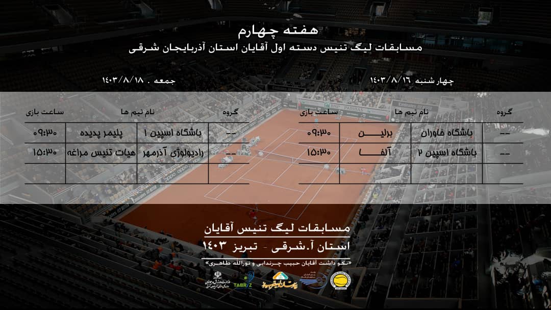 برنامه مرحله حذفی (یک چهارم نهایی) چهارمین دوره لیگ دسته اول آقایان تنیس آذربایجان شرقی
