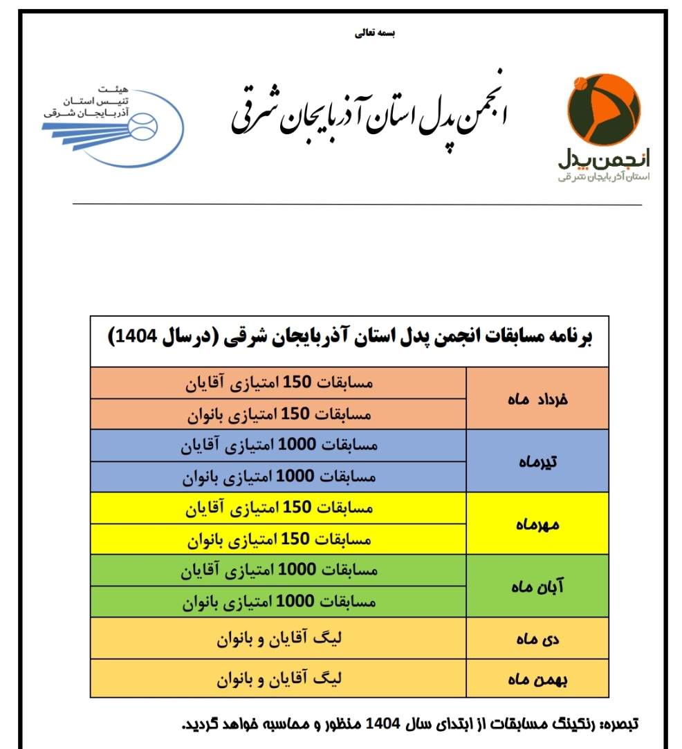 تقویم ورزسی انجمن پدل استان آذربایجان شرقی در سال ۱۴۰۴